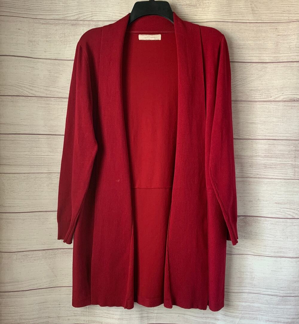 Pointelle Long Red Cardigan Sweater Open Front Folded Neckline Size Small
